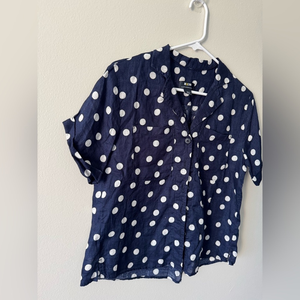 Anthropologie Maeve Women Buttondown Surf Linen Navy Dot Shirt Top Sz XS - Picture 4 of 13
